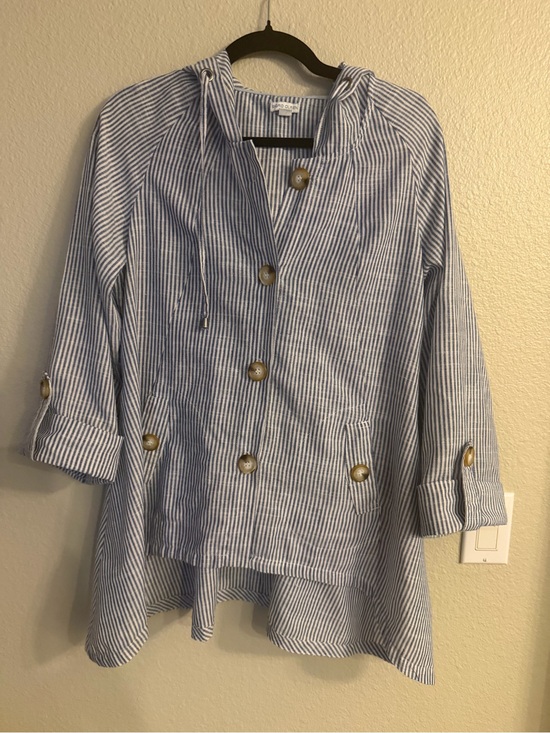 Sigrid Olsen Jackets & Blazers - Sigrid Olsen Blue and White Striped Hooded Seersucker Jacket Size M Cotton-Linen